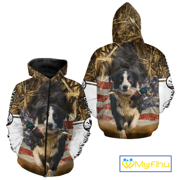 Border Collies Duck Hunting USA Flag Customized Name All Over Printed Shirts, Hunting Gifts NBT153
