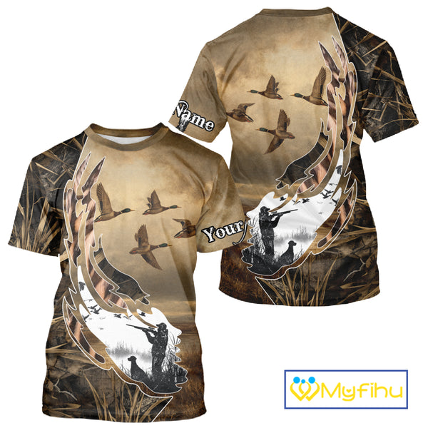 Duck Hunting Brown Grass Camo 3D All Over Printing Custom Name Shirts, Duck Hunting Gifts NBT168