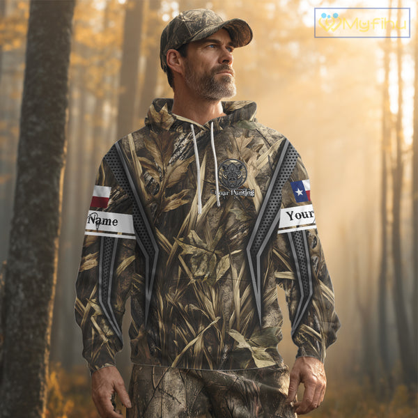 Texas Flag Wild Boar Hunting Camo Custom Name Shirts, TX Hog Hunting Shirt for Hunter NBT174
