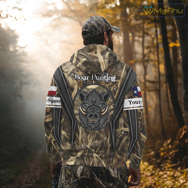 Texas Flag Wild Boar Hunting Camo Custom Name Shirts, TX Hog Hunting Shirt for Hunter NBT174