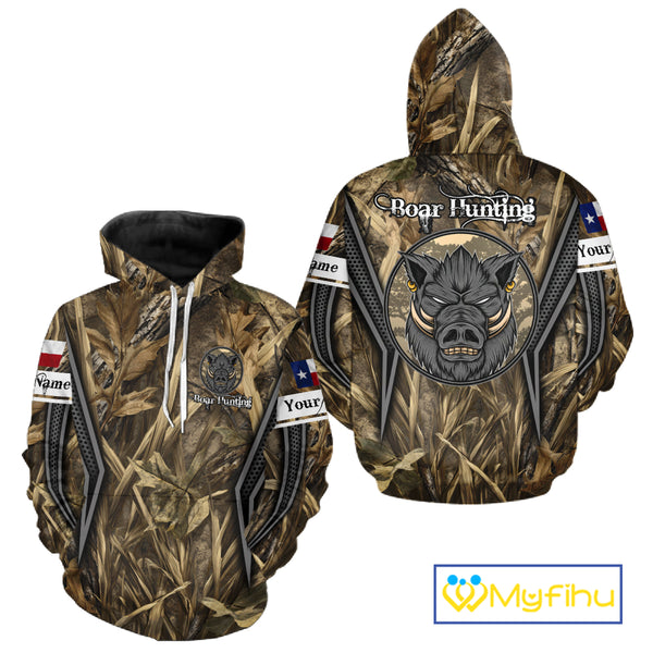 Texas Flag Wild Boar Hunting Camo Custom Name Shirts, TX Hog Hunting Shirt for Hunter NBT174