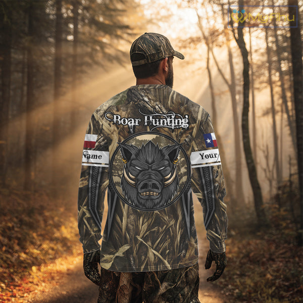 Texas Flag Wild Boar Hunting Camo Custom Name Shirts, TX Hog Hunting Shirt for Hunter NBT174