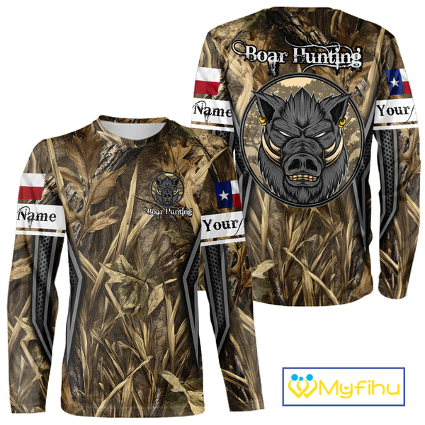 Texas Flag Wild Boar Hunting Camo Custom Name Shirts, TX Hog Hunting Shirt for Hunter NBT174