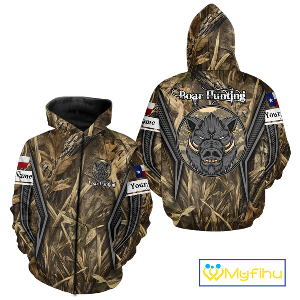 Texas Flag Wild Boar Hunting Camo Custom Name Shirts, TX Hog Hunting Shirt for Hunter NBT174