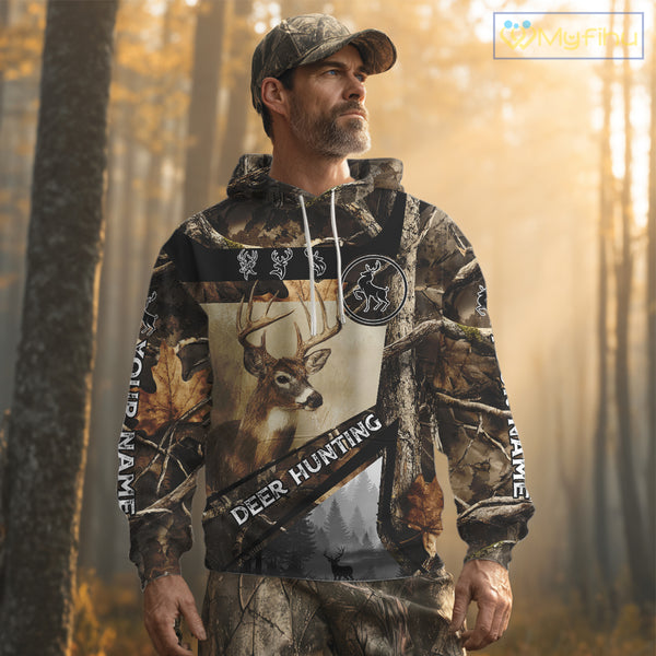 Beautiful Whitetail Deer Hunting Forest Camo 3D Custom Name Shirts for Men, Deer Hunting Gifts NBT259
