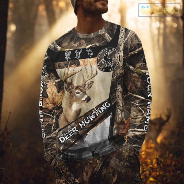 Beautiful Whitetail Deer Hunting Forest Camo 3D Custom Name Shirts for Men, Deer Hunting Gifts NBT259