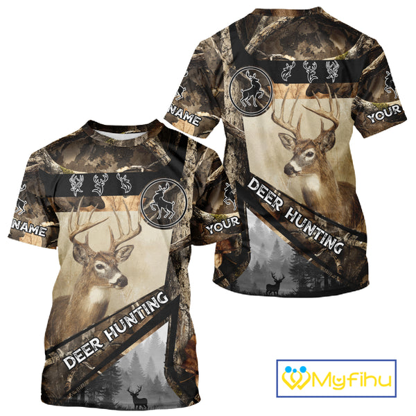 Beautiful Whitetail Deer Hunting Forest Camo 3D Custom Name Shirts for Men, Deer Hunting Gifts NBT259