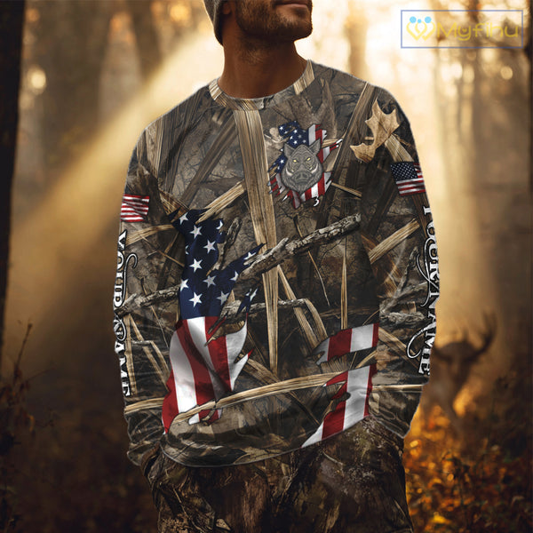 American Flag Boar Camo Hunting Shirt, Best Hunting Clothes for Boar Hunting Season NBT185