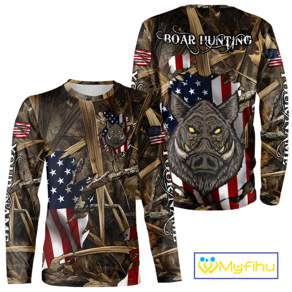 American Flag Boar Camo Hunting Shirt, Best Hunting Clothes for Boar Hunting Season NBT185