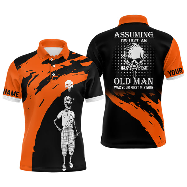 Orange And Black Mens Skull Golf Polo Shirts, Custom Golf Polos For Men, Halloween Golf Gifts LDT0153