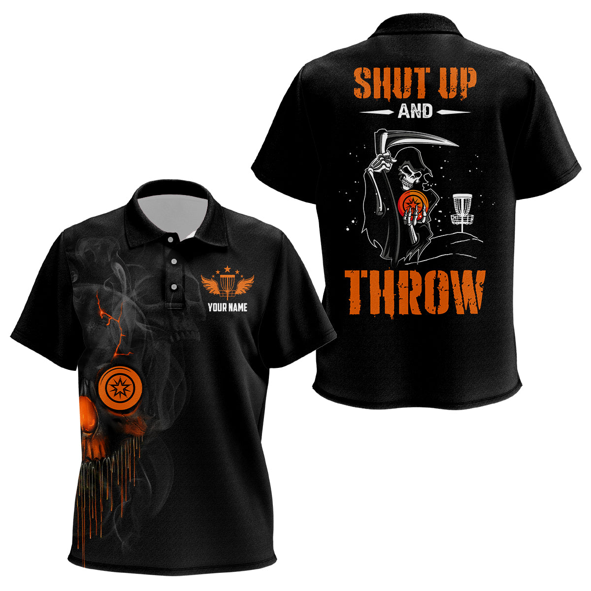 Shut Up And Throw Smoky Skull Orange Disc Golf Kids Polo Shirts Halloween Golf Gifts For Kid LDT0450