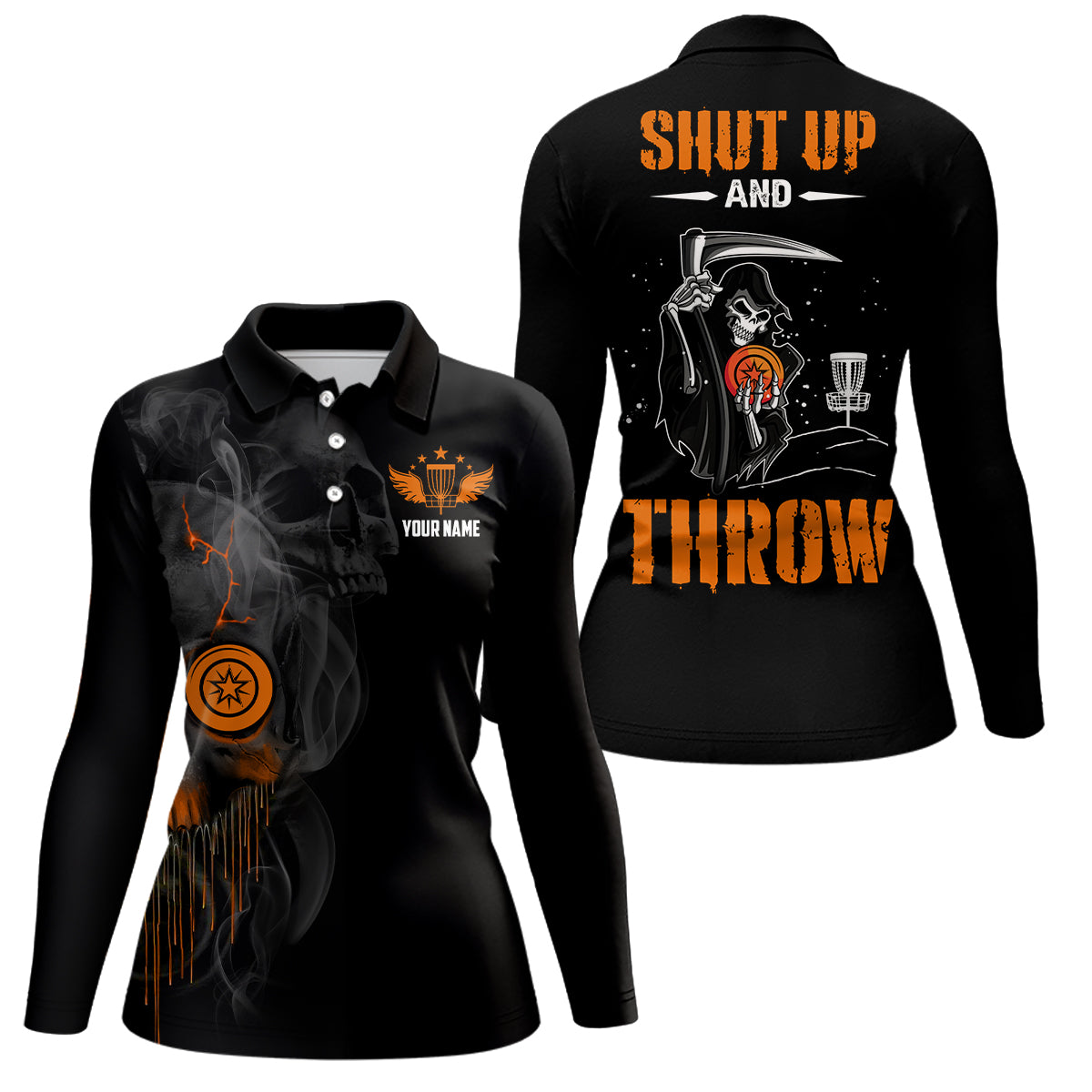 Shut Up And Throw Smoky Skull Orange Disc Golf Polo Shirts Halloween Golf Gifts For Women LDT0450