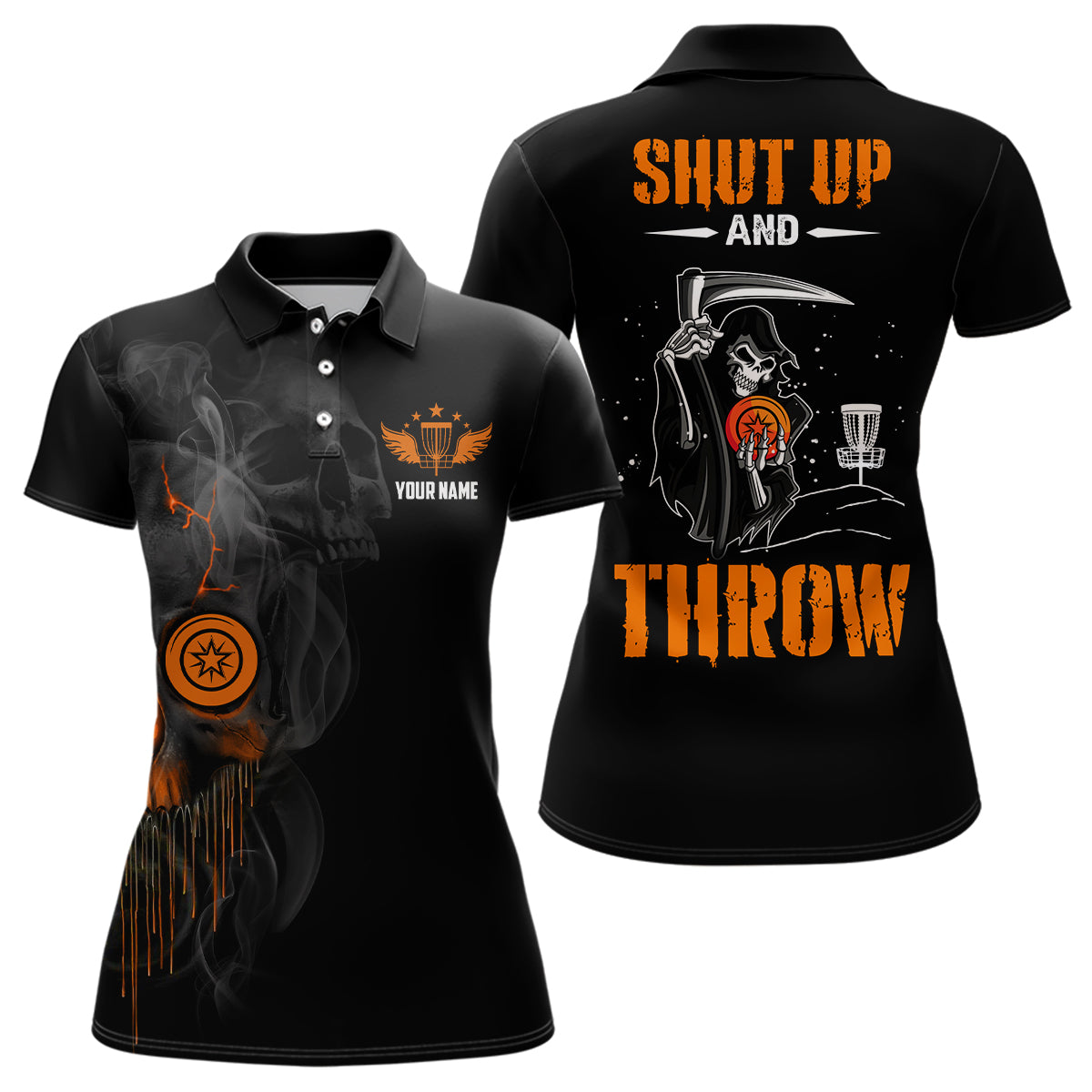 Shut Up And Throw Smoky Skull Orange Disc Golf Polo Shirts Halloween Golf Gifts For Women LDT0450