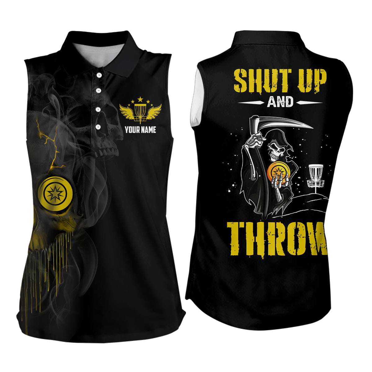 Custom Shut Up And Throw Smoky Skull Yellow Disc Golf Sleeveless Polo Shirt Scary Golf Gift For Women LDT0451