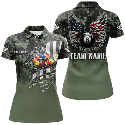 Personalized Camouflage US Flag Billiard Balls Shirts For Women, Funny Billiard 8 Ball Wings Jerseys VHM1196