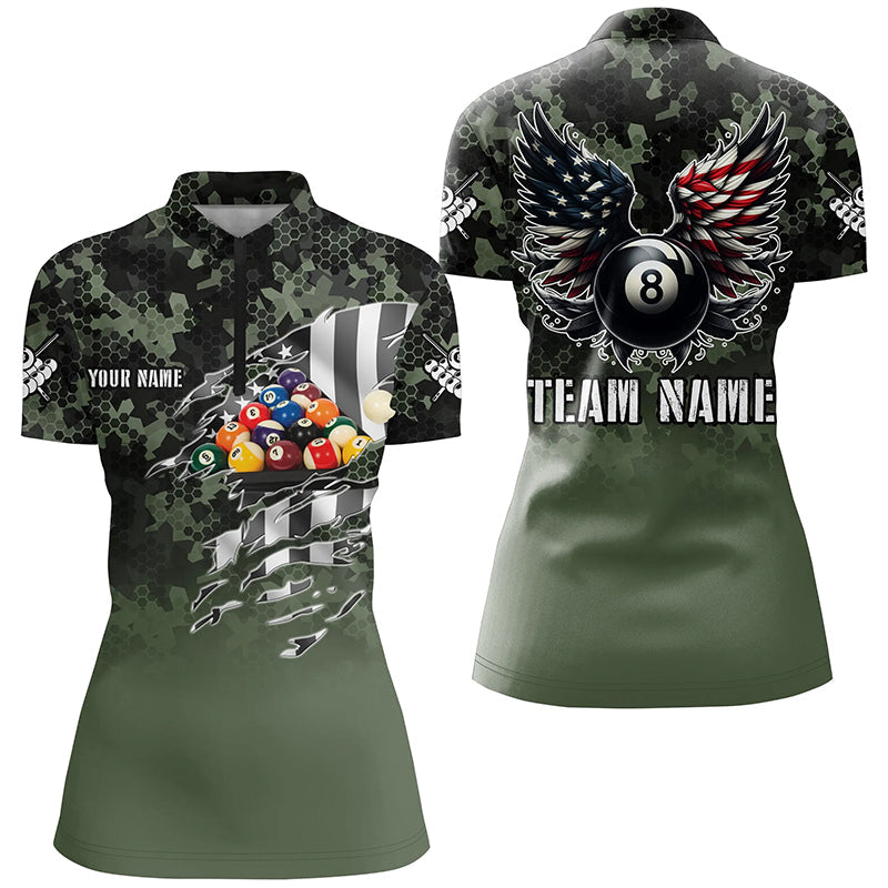 Personalized Camouflage US Flag Billiard Balls Shirts For Women, Funny Billiard 8 Ball Wings Jerseys VHM1196