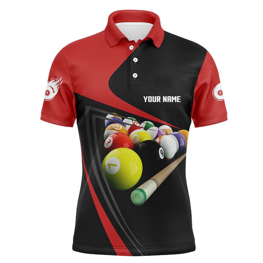Personalized Red Black Billiard Balls 3D Polo Shirts For Men, Custom Fire 8 Ball Billiard Jerseys VHM0141