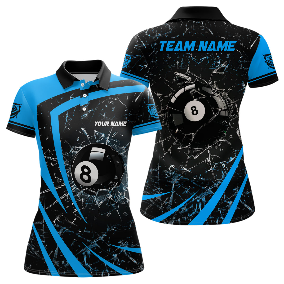 Personalized Blue Glass Break 8 Ball Billiard 3D Polo Shirts For Women, Custom 8 Ball Pool Jerseys VHM1151