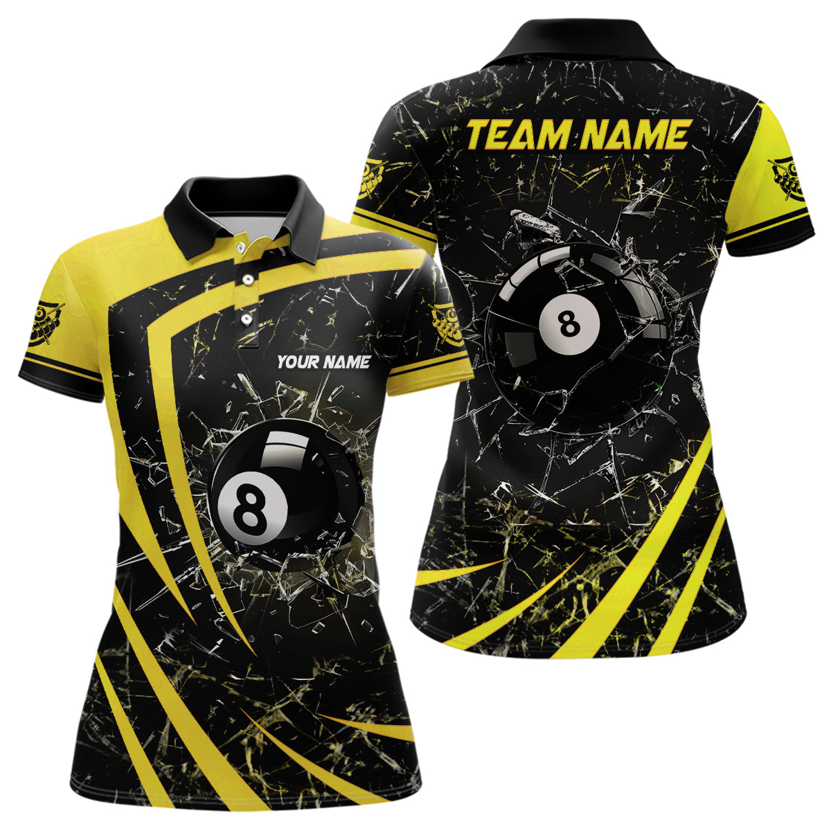 Personalized Yellow Glass Break 8 Ball Billiard 3D Polo Shirts For Women, Custom 8 Ball Pool Jerseys VHM1152