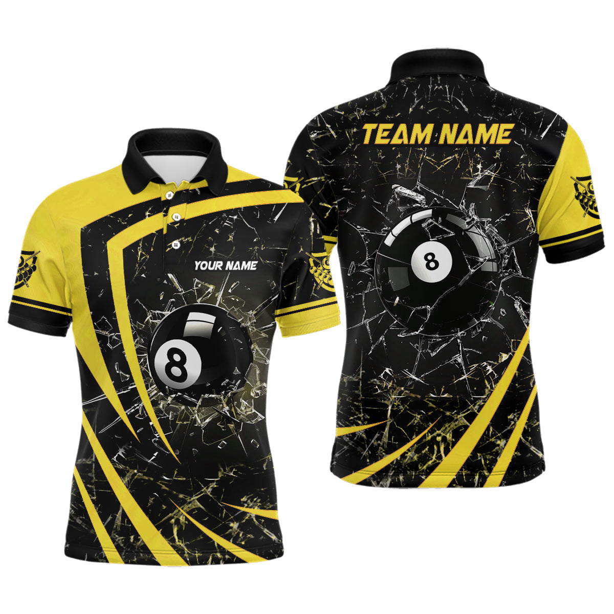 Personalized Yellow Glass Break 8 Ball Billiard 3D Polo Shirts For Men, Custom 8 Ball Pool Jerseys VHM1152