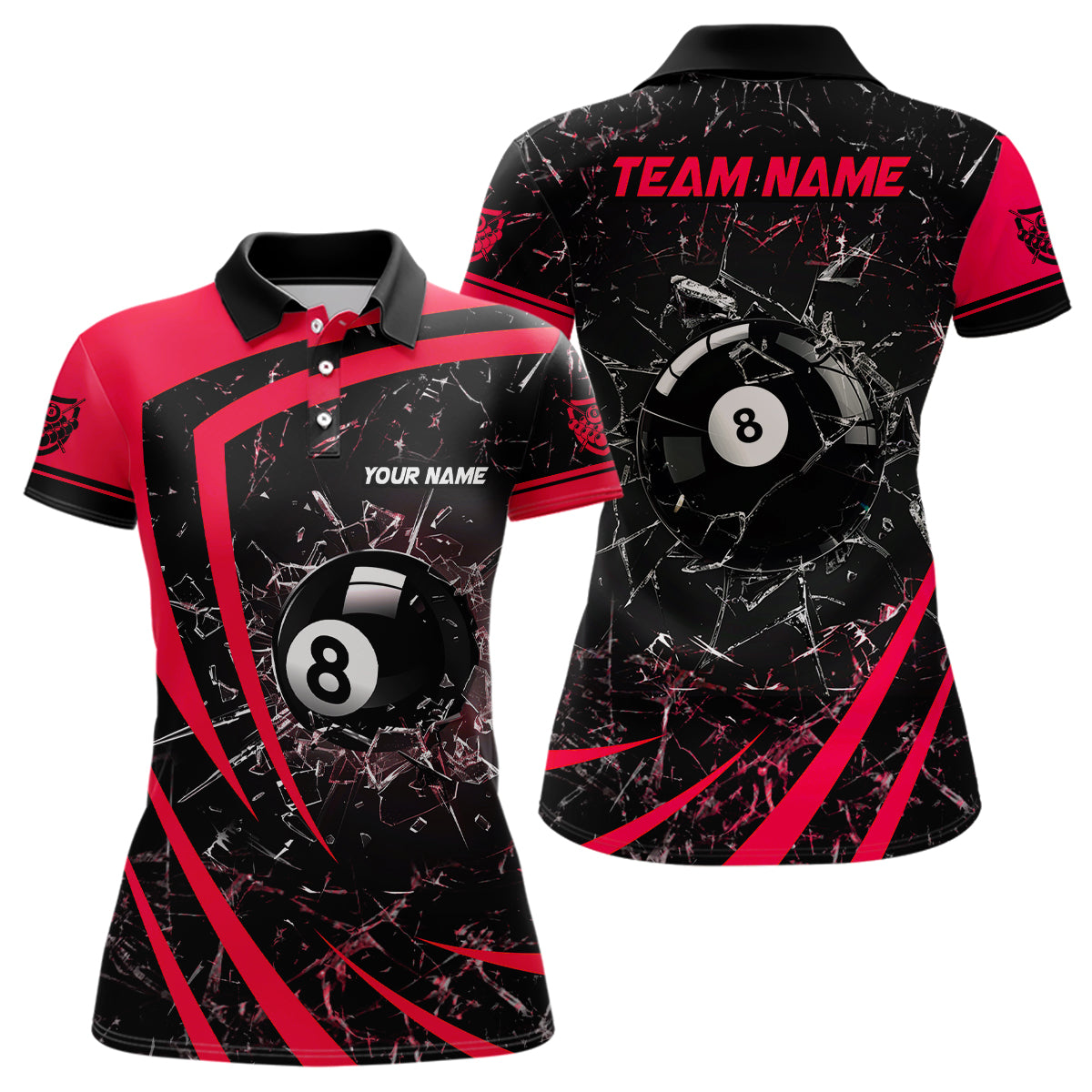 Personalized Red Glass Break 8 Ball Billiard 3D Polo Shirts For Women, Custom 8 Ball Pool Jerseys VHM1153