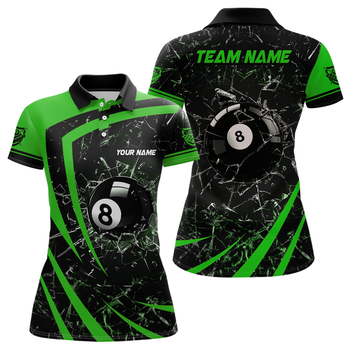 Personalized Green Glass Break 8 Ball Billiard 3D Polo Shirts For Women, Custom 8 Ball Pool Jerseys VHM1154