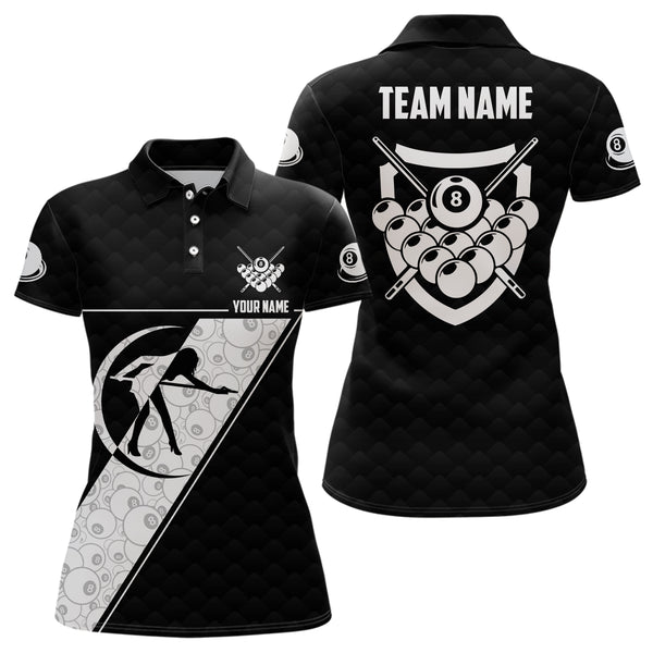 Personalized 8 Ball Pattern Billiard White Black Polo Shirts, Custom Pool Player Jerseys VHM0445