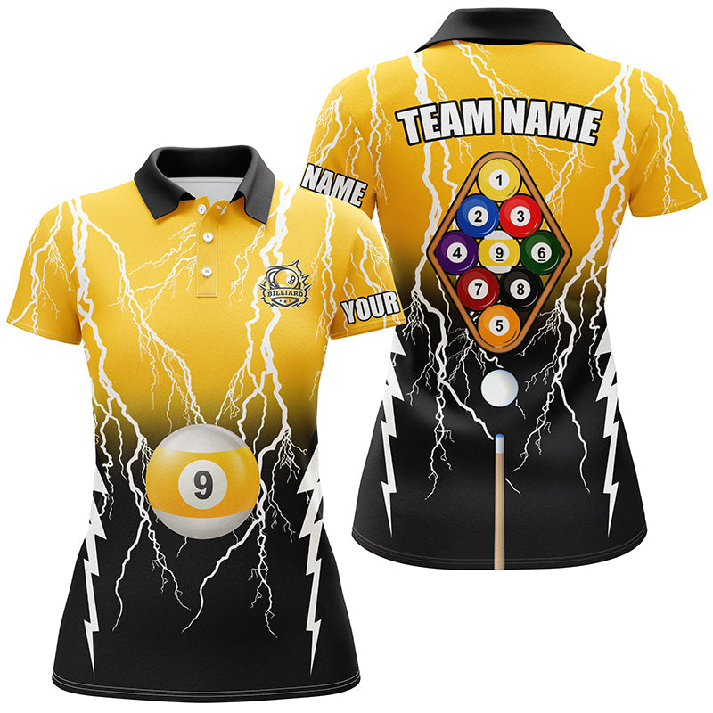 Custom Black Yellow 9 Ball Pool Thunder Billiard Polo Shirts For Women Best Billiard Team Shirts TDM0726