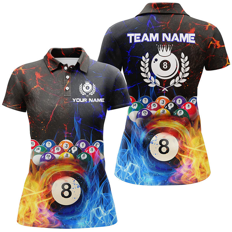 Billiard 8 Ball Water Fire Personalized Name 3D Polo Shirts For Women Custom Pool Team League Shirts TDM0571
