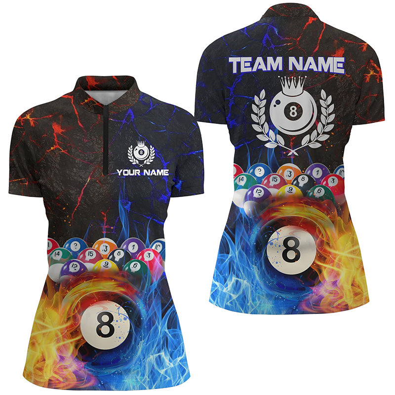 Billiard 8 Ball Water Fire Personalized 3D Quarter-Zip Shirts For Women, Pool Team League Shirts TDM0571