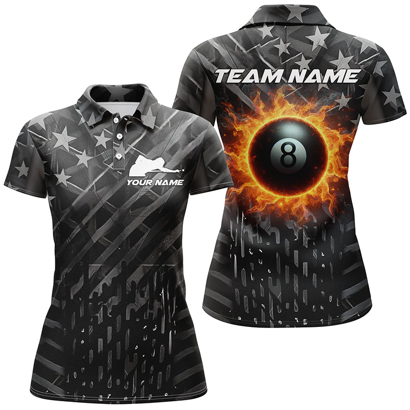 Personalized Black Retro US Flag 8 Ball Fire Women Billiard Polo Shirts, Patriotic Pool Team Jersey TDM1480