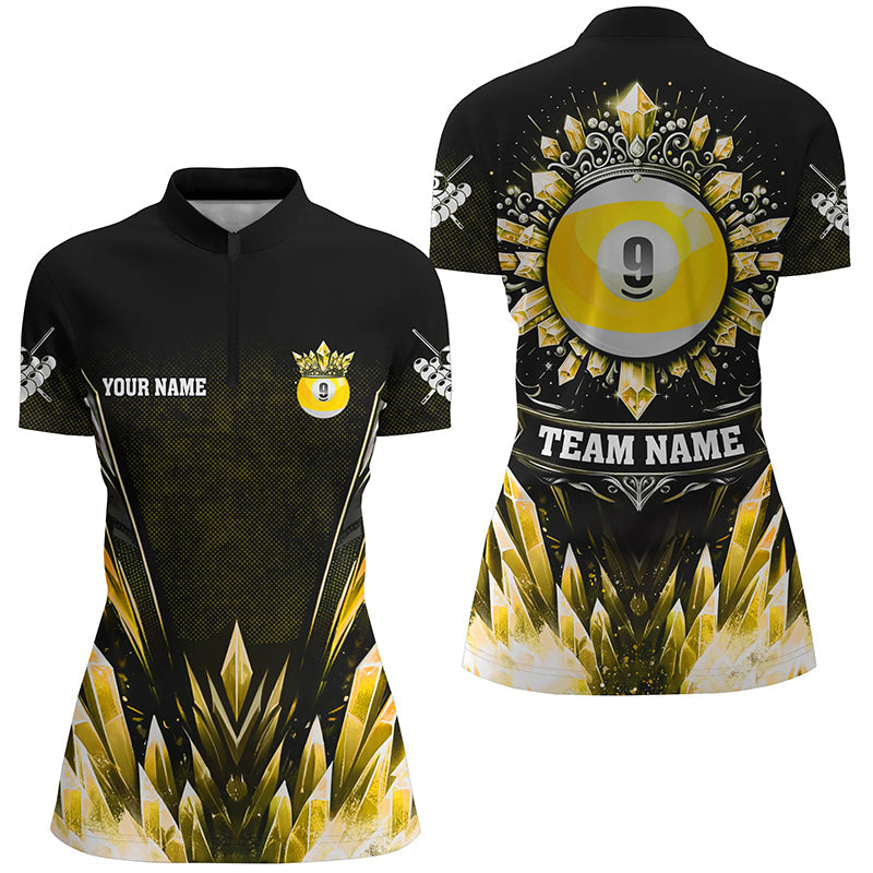 Customized Yellow Icy Funny 9 Ball Pool Crown Women Quarter-Zip Shirt Custom Billiard Jersey TDM1297
