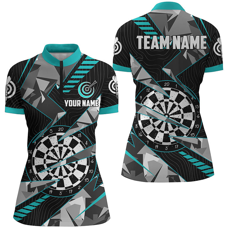 Personalized Turquoise Grunge Darts Board Women Quarter-Zip Shirts Team League Darts Jerseys TDM1517