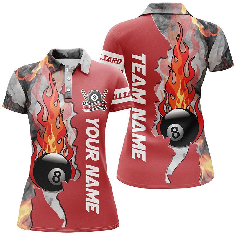 Personalized 8 Ball Fire Smoke Billiard Women's Shirts Red Version Custom Pool Team Polo Shirts TDM0425