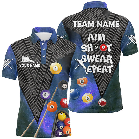 Billiard Aim Shoot Swear Repeat Blue Version Custom Name 3D All Over Print Polo Shirts For Men TDM0220