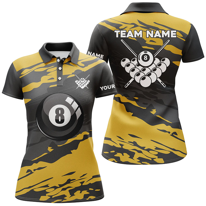 Custom Black Yellow Camouflage Billiard Polo Shirts For Women Best 8 Ball Billiard Pool Shirts TDM0665