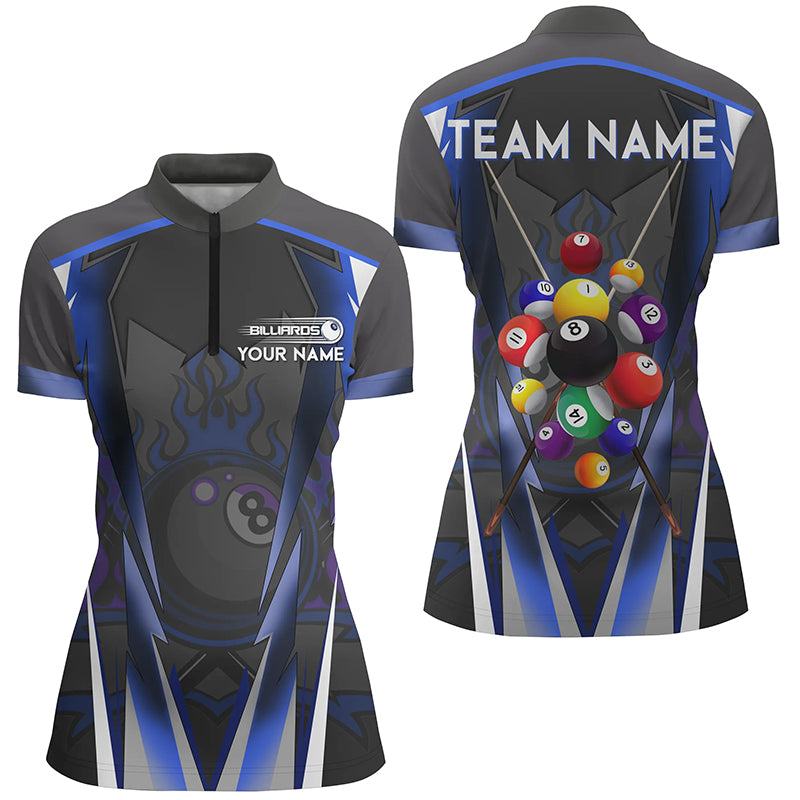 Blue 8 Ball Fire Billiard Balls Women Quarter-Zip Shirts Custom Team League Billiard Jersey TDM1354