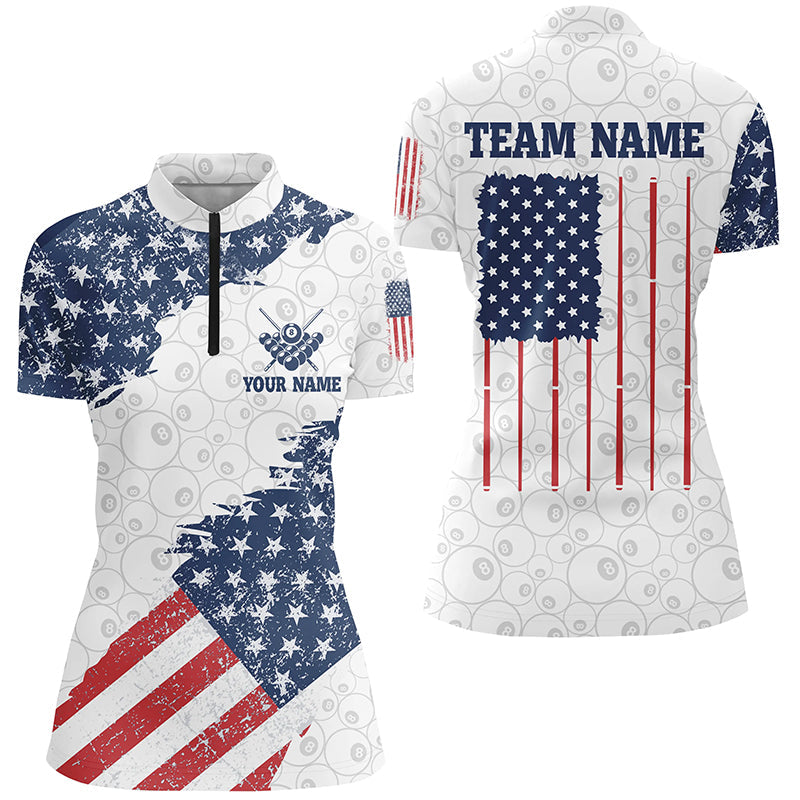 Grunge American Flag Billiard Women Quarter-Zip Shirts Custom US Flag Design Billiard Shirts TDM1064