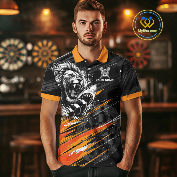 Orange And Black Grunge Lion And Shark Dart Shirts Custom Men's Dart Jersey Polo & Quarter Zip TDM3847
