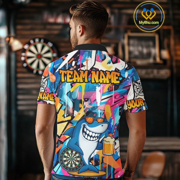 Funny Shark Colorful Graffiti Style Custom Dart Shirts For Men, Dart Team Jersey Best Darts Outfit TDM3849