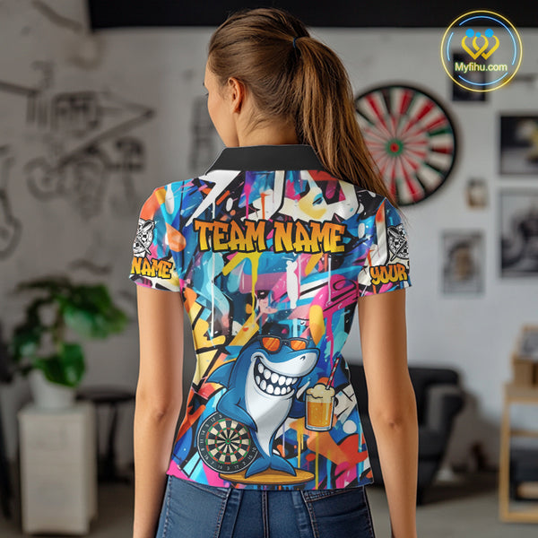 Funny Shark Colorful Graffiti Style Custom Dart Shirts For Women, Dart Team Jersey Best Darts Outfit TDM3849