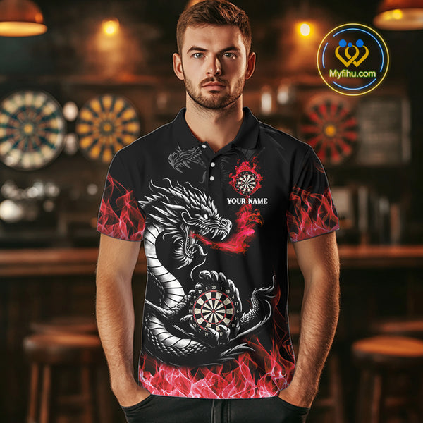Personalized Red Flaming Dragon Dart Shirts For Men Custom Darts Team Jerseys Polo & Quarter Zip TDM4310