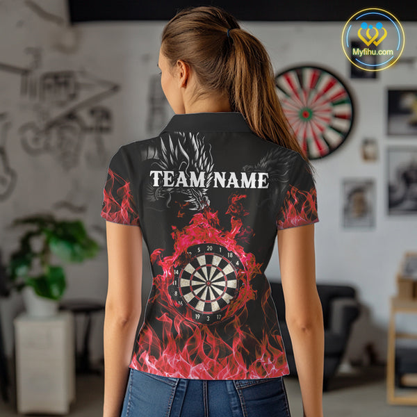 Personalized Red Flaming Dragon Dart Shirts For Women Custom Darts Team Jerseys Polo & Quarter Zip TDM4310