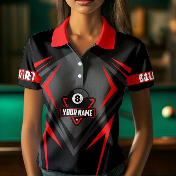 Black And Red 8 Ball Pool Billiard Jerseys For Women Custom Polo & Quarter Zip Billiard Team Shirts TDM3387