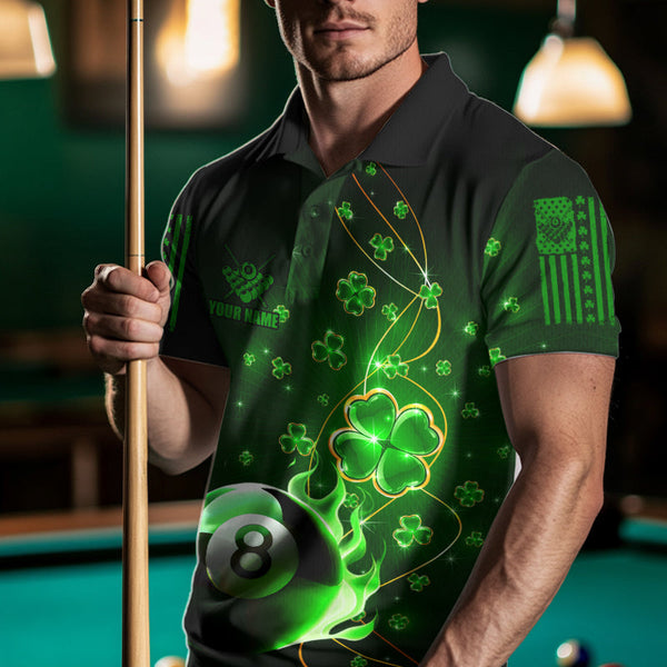 Green 8 Ball Pool Fire Luckiest Shamrock Men Billiard Shirt Custom St Patrick Day Billiard Jerseys TDM3389