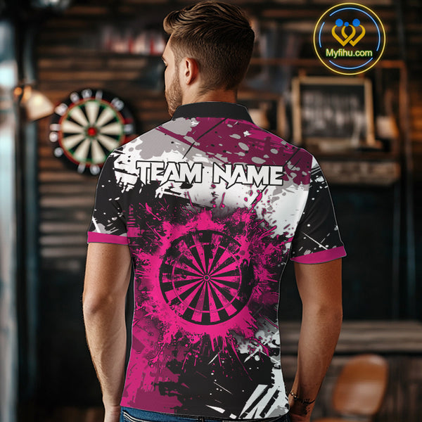 Pink Grunge Paint Splash Dart Polo & Quarter Zip Custom Dart Shirts For Men Darts Team Jerseys TDM3859