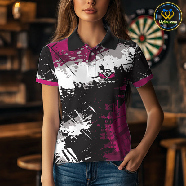 Pink Grunge Paint Splash Dart Polo & Quarter Zip Custom Dart Shirts For Women Darts Team Jerseys TDM3859