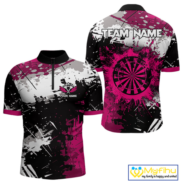 Pink Grunge Paint Splash Dart Polo & Quarter Zip Custom Dart Shirts For Men Darts Team Jerseys TDM3859