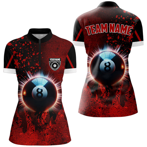 Personalized Glowing 8 Ball Pool Billiard Shirts For Women Custom Grunge Red Billiard Pool Jerseys TDM2179