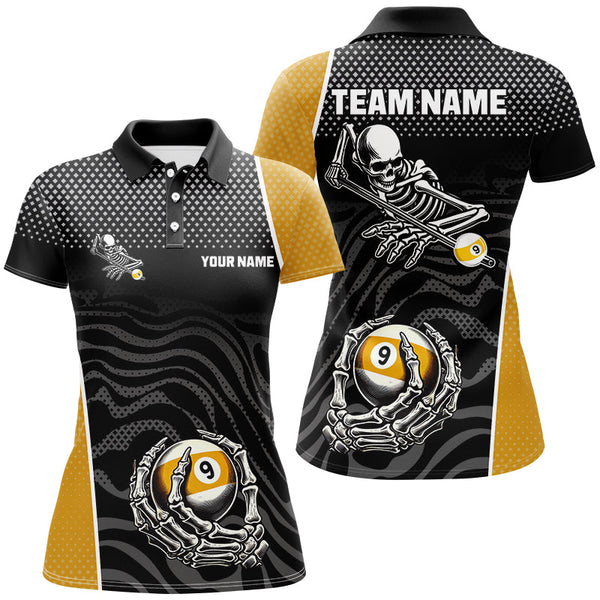 9 Ball Skeleton Custom Billiard Polo & 1/4 Zip Shirts For Women, Funny 9 Ball Pool Billiard Jerseys TDM2945